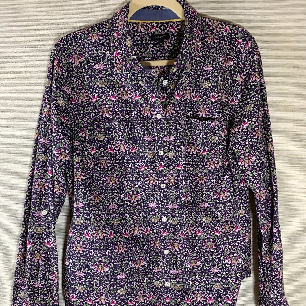 Talbots Button Down Shirt Blue Pink Floral w/Birds Cotton Womens Size 14